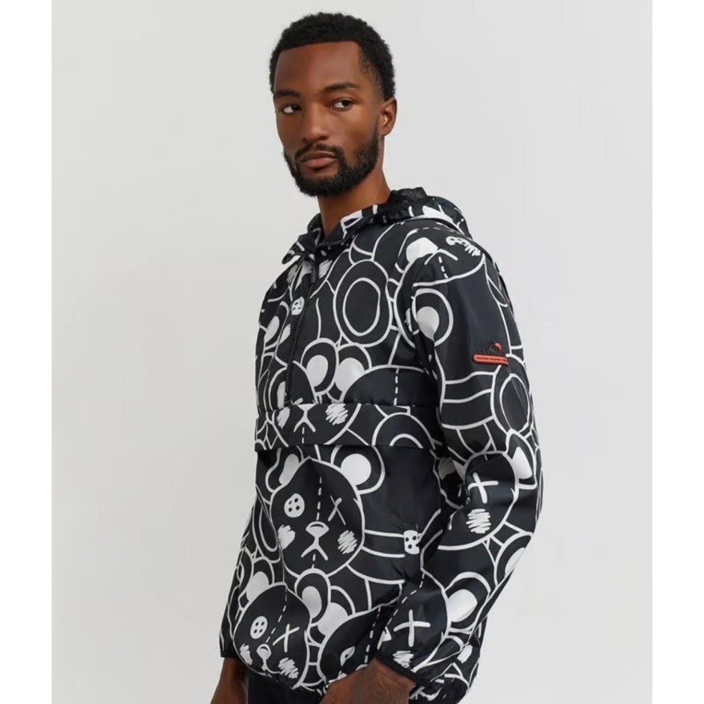 Reason Brand Mens Teddy Bear Graphic Anorak Windbreaker Jacket Black White 2XL